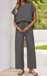 PRETTYGARDEN 2 Piece Outfits For Women Casual Tracksuit Short Sleeve Tops And Wide Leg Long Pants Matching Lounge Sets