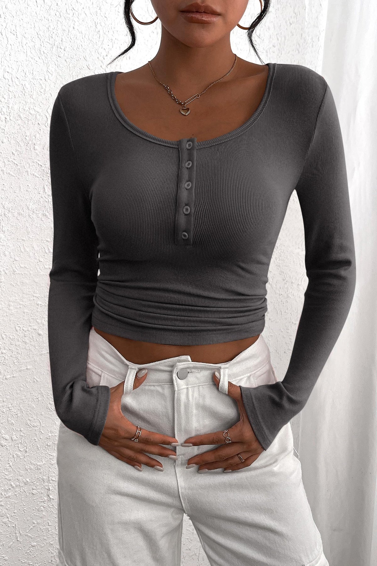 Long Sleeve Henley T Shirts Button Down Ribbed Knit Slim Fit Casual Basic Tops Blouse