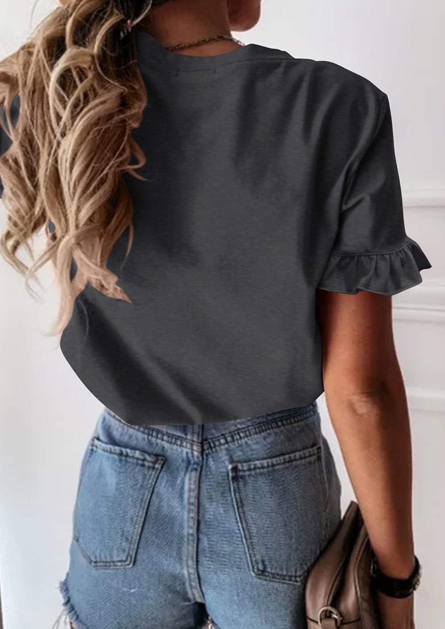 PRETTYGARDEN Women's Short Sleeve Casual T Shirts Summer Ruffle Plain Round Neck Loose Fit Tee Blouse Tops