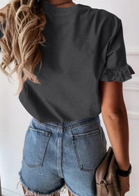 PRETTYGARDEN Women's Short Sleeve Casual T Shirts Summer Ruffle Plain Round Neck Loose Fit Tee Blouse Tops PRETTYGARDEN