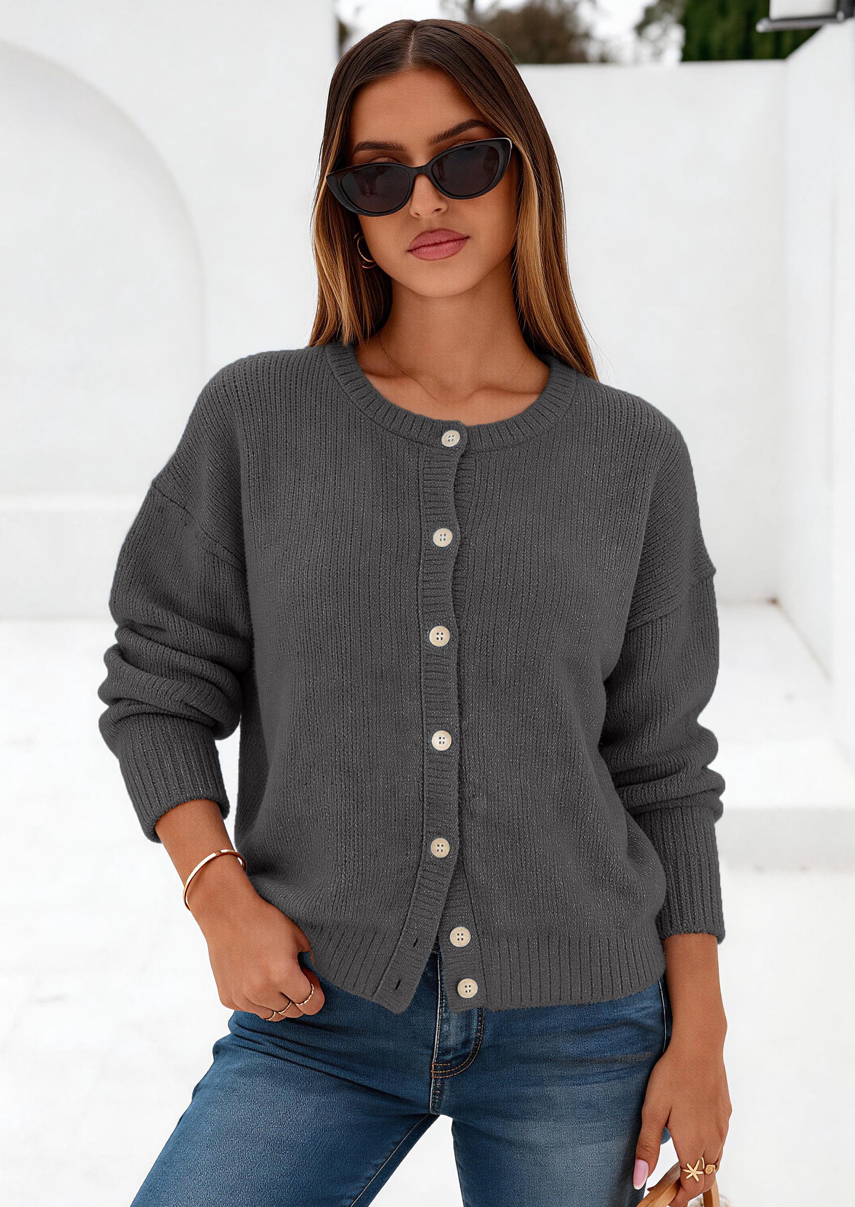 PRETTYGARDEN Long Sleeve Crewneck Button Down Womens Sweaters Fall Open Front Chunky Cardigan Sweaters for Women