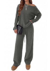 PRETTYGARDEN Lounge Sets Womens Two Piece Outfits  Cozy Boat Neck Long Sleeve , Wide Leg Pants with Drawstring, Casual Fall Fashion 2026 Airport & Travel, Knit Matching Set