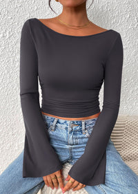 PRETTYGARDEN Women's Long Sleeve Shirts Fall Going Out Tops Casual Boat Neck Bell Sleeve Ribbed Ruched Y2K Clothes