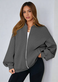 KIRUNDO Oversized Sweatshirt for Women Zip Up Bomber Jacket Fall Fashion Casual Long Sleeve Outerwear Winter Outfits