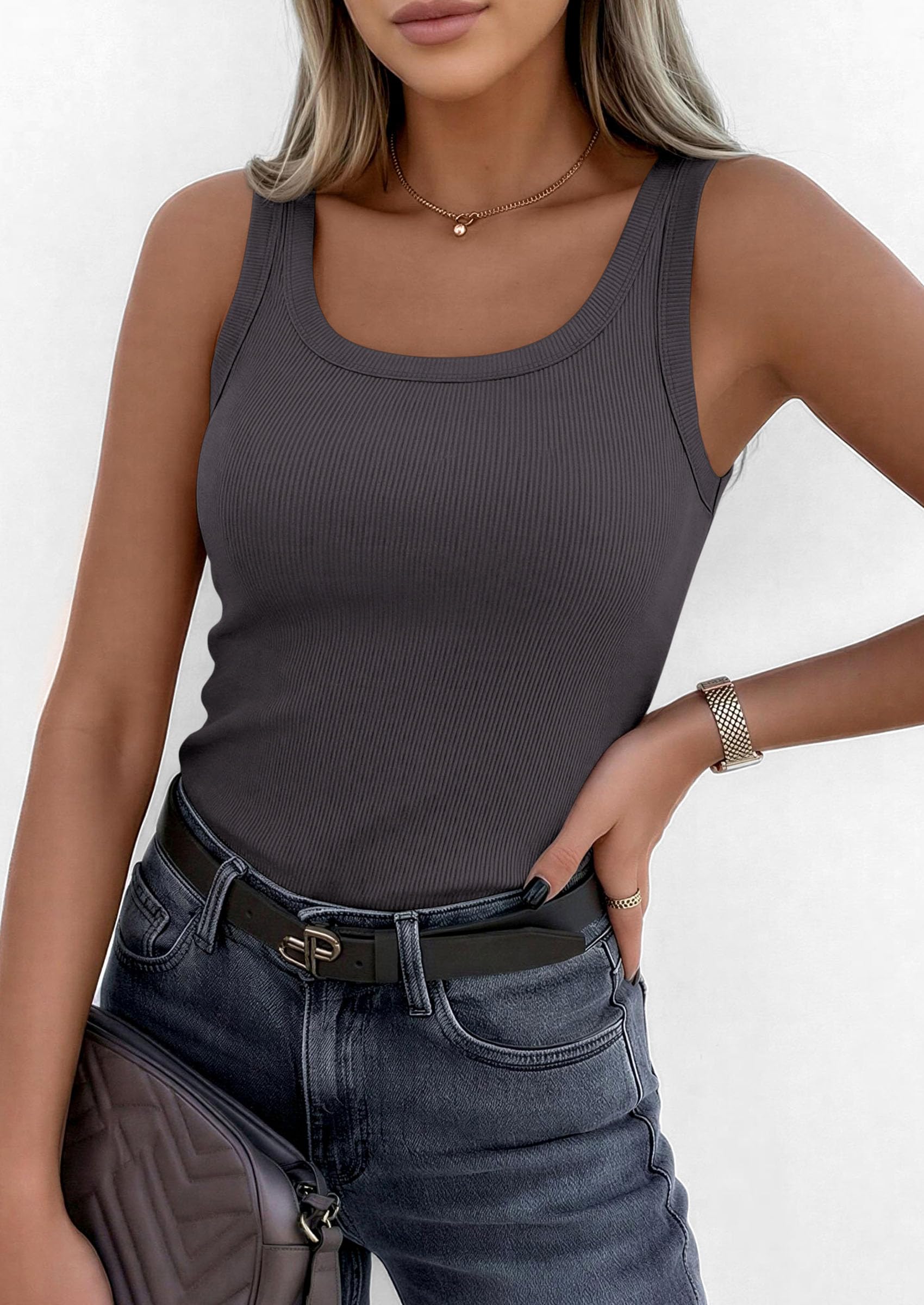 PRETTYGARDEN Womens Summer Tops Spring Cute Sleeveless Scoop Neck Workout Tank Top Casual Ribbed Knit Basic Cami Shirts PRETTYGARDEN