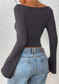 PRETTYGARDEN Women's Long Sleeve Shirts Fall Going Out Tops Casual Boat Neck Bell Sleeve Ribbed Ruched Y2K Clothes