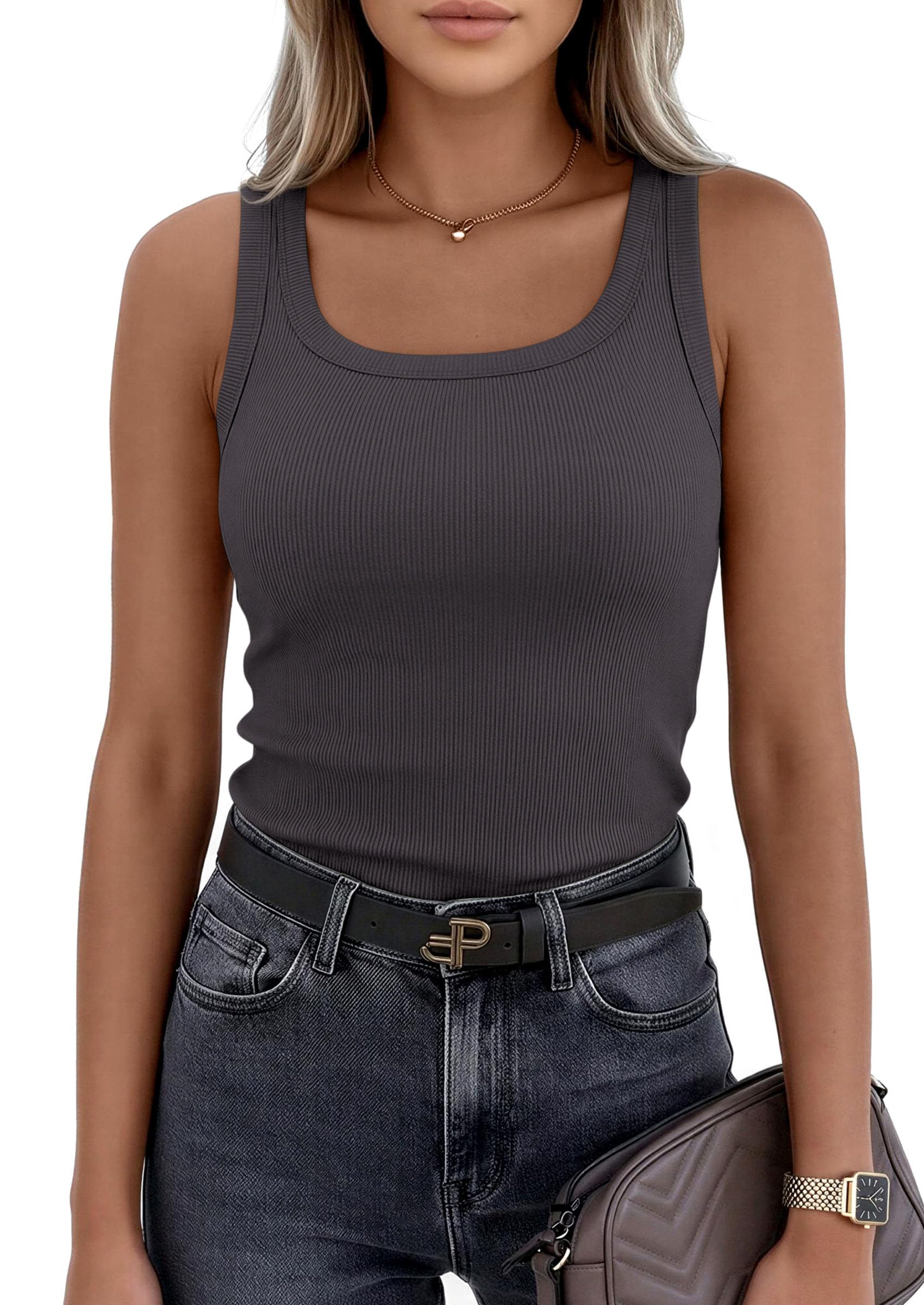 PRETTYGARDEN Womens Summer Tops Spring Cute Sleeveless Scoop Neck Workout Tank Top Casual Ribbed Knit Basic Cami Shirts PRETTYGARDEN