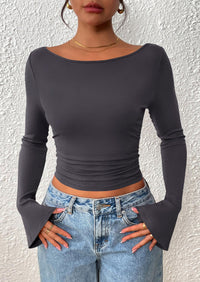 PRETTYGARDEN Women's Long Sleeve Shirts Fall Going Out Tops Casual Boat Neck Bell Sleeve Ribbed Ruched Y2K Clothes