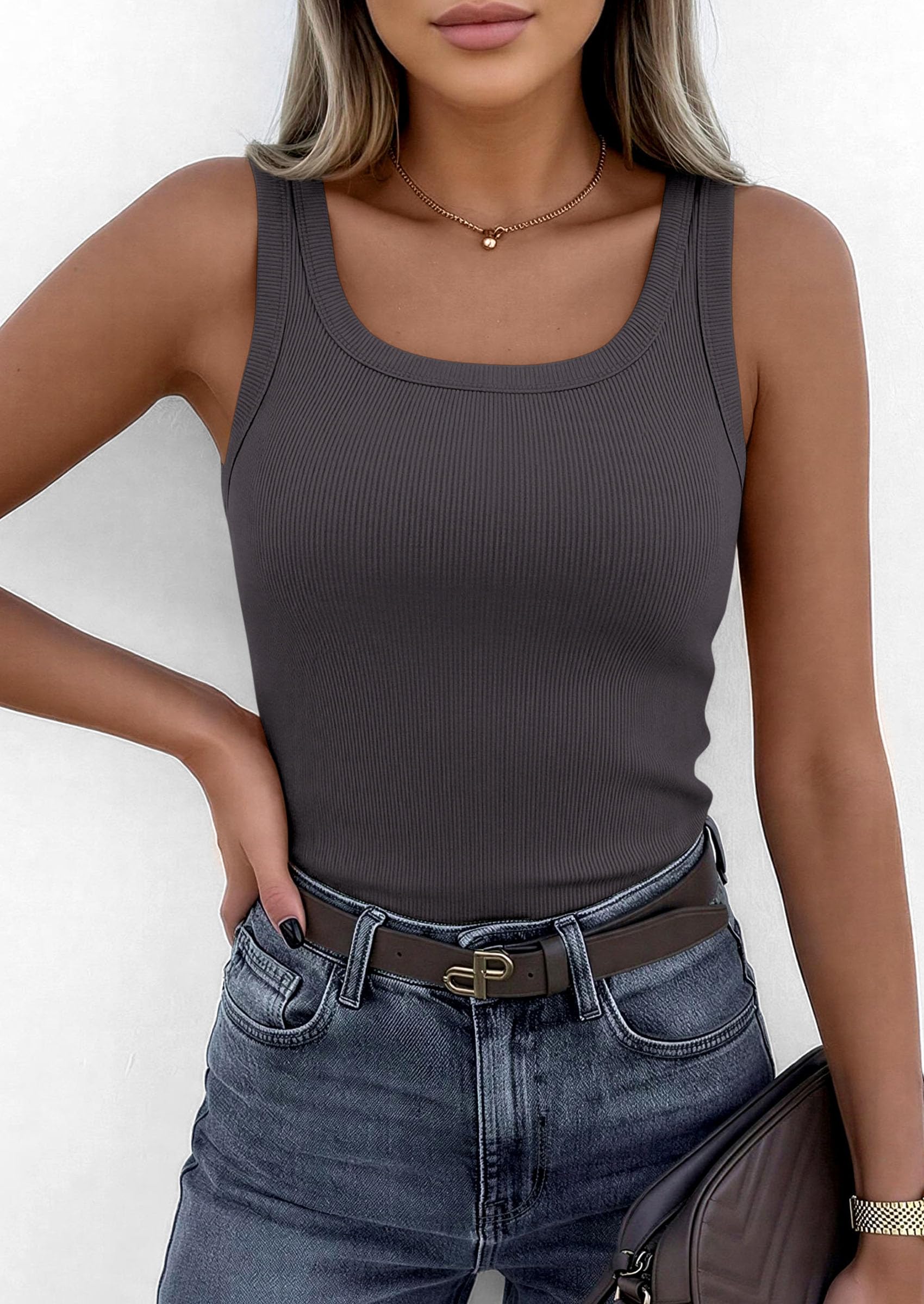 PRETTYGARDEN Womens Summer Tops Spring Cute Sleeveless Scoop Neck Workout Tank Top Casual Ribbed Knit Basic Cami Shirts PRETTYGARDEN