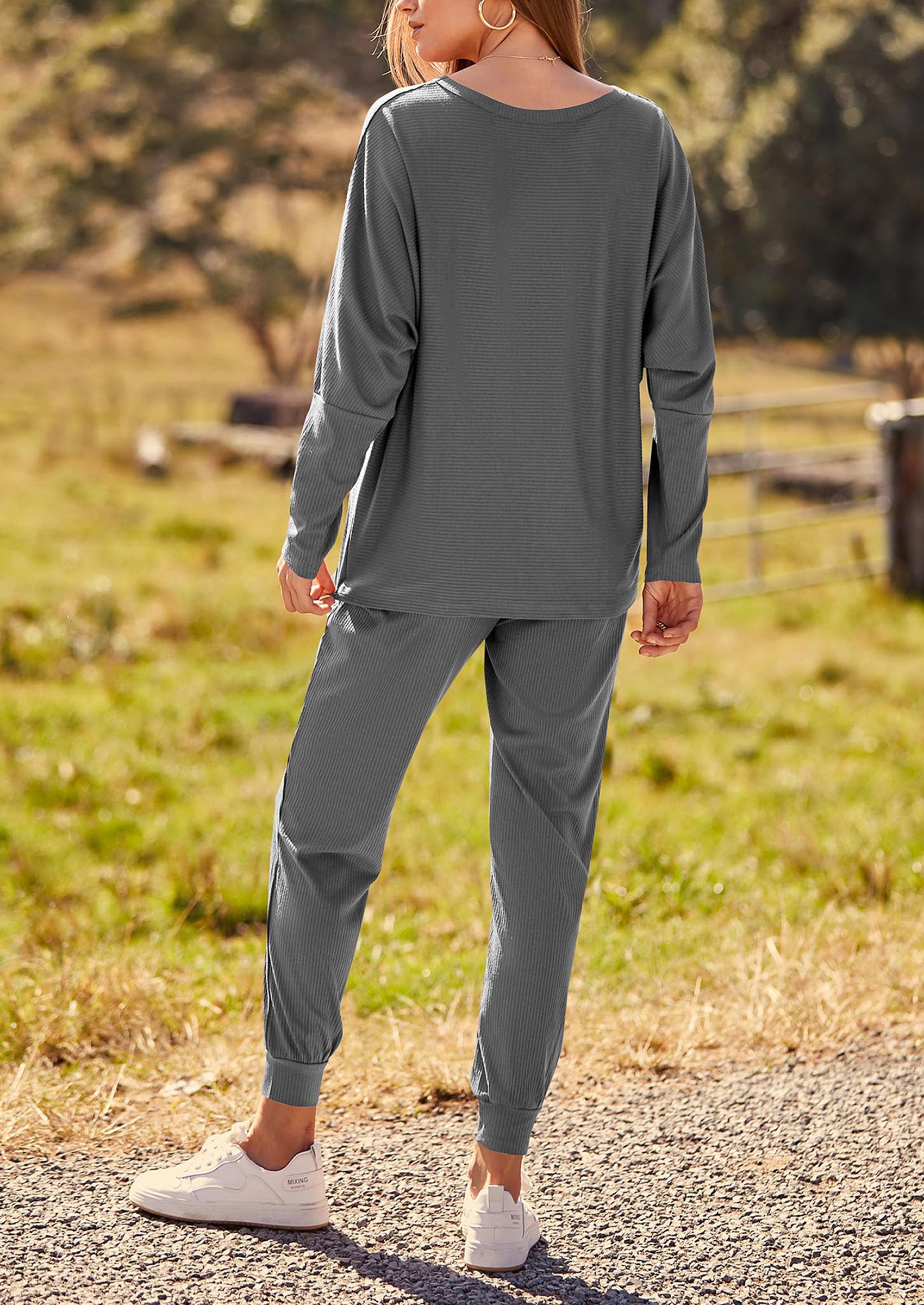 PRETTYGARDEN Women's Fall 2 Piece Lounge Set Long Sleeve Tops Ribbed Pants Spring Matching Sweatsuit Travel Outfits Clothes