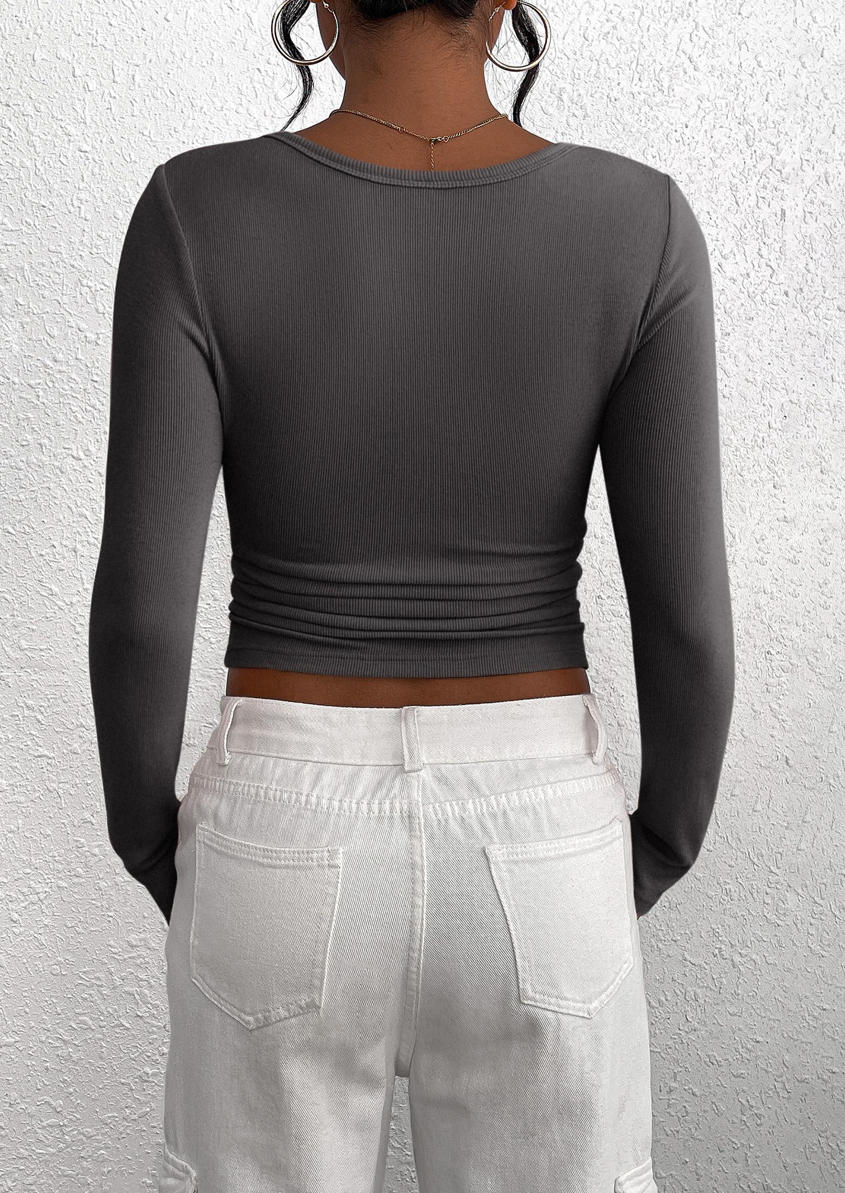 PRETTYGARDEN Women's Spring Fall Long Sleeve Henley T Shirts Button Ribbed Knit Slim Fit Casual Basic Tops Blouse