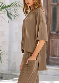 PRETTYGARDEN Women's 2 Piece Outfits Casual Short Sleeve Pullover Tops and Wide Leg Pants Lounge Sets Tracksuits