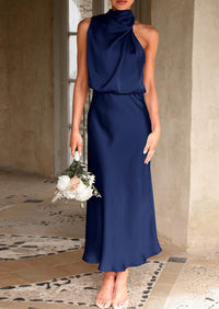 PRETTYGARDEN Women's Summer Satin Dress Elegant Sleeveless Mock Neck Cocktail Party Maxi Dresses