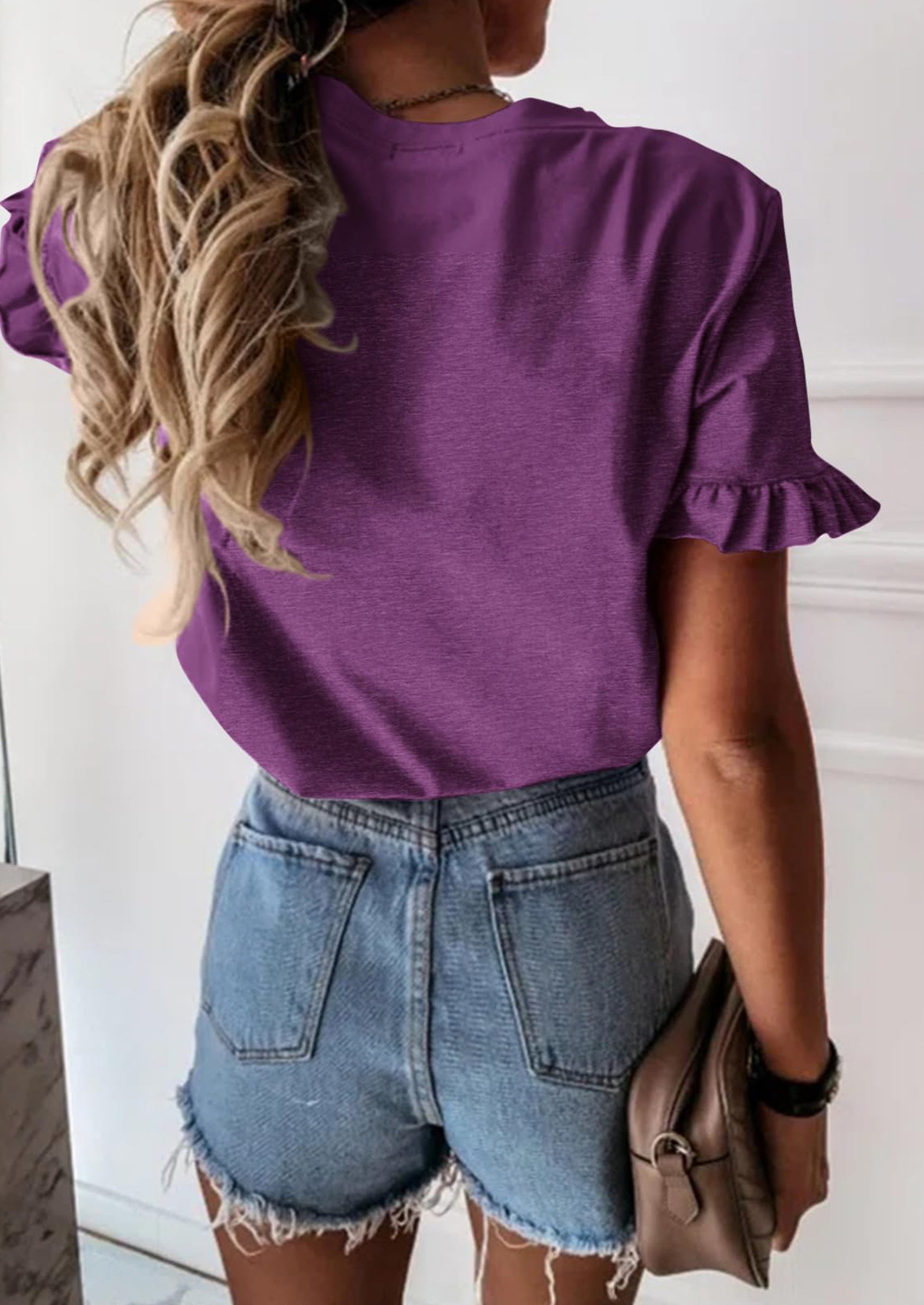 PRETTYGARDEN Women's Short Sleeve Casual T Shirts Summer Ruffle Plain Round Neck Loose Fit Tee Blouse Tops