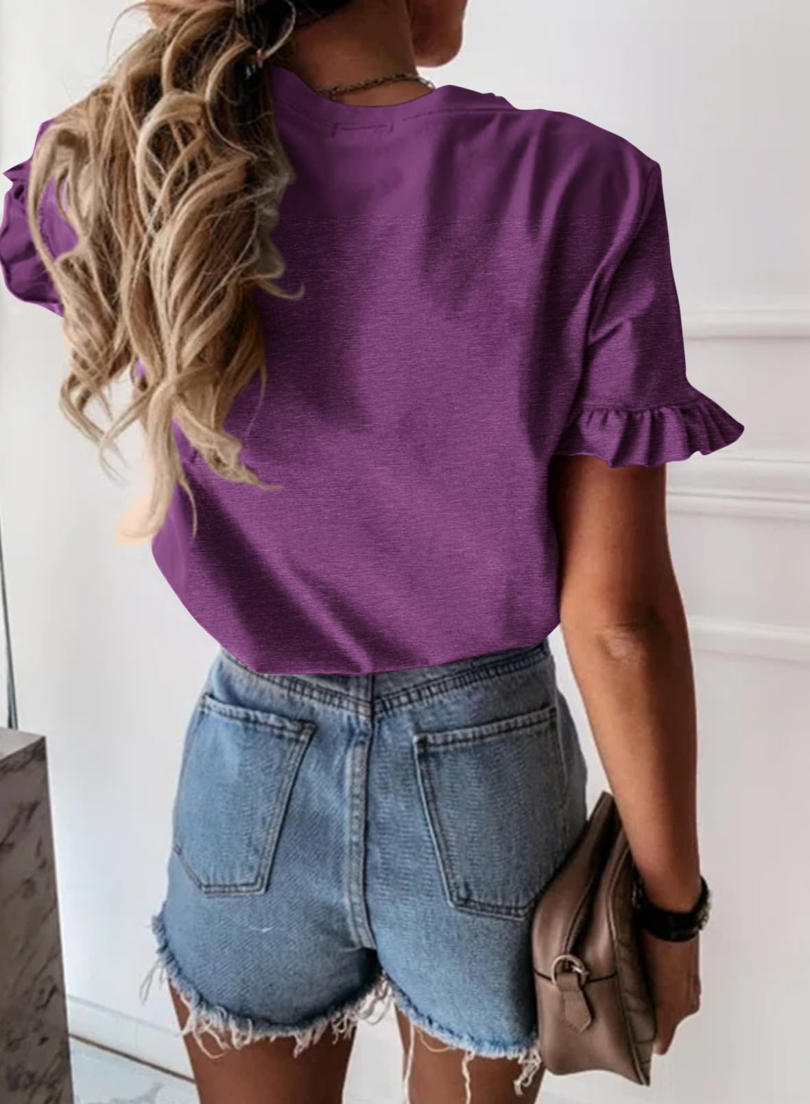 PRETTYGARDEN Women's Short Sleeve Casual T Shirts Summer Ruffle Plain Round Neck Loose Fit Tee Blouse Tops PRETTYGARDEN