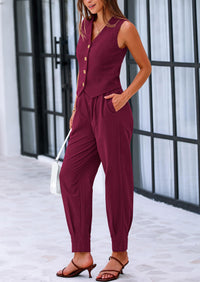 PRETTYGARDEN Two Piece V Neck Button Front Cropped Tank Tops Vest Pockets Pants Cotton Sets