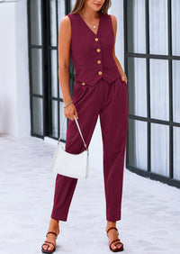 PRETTYGARDEN Two Piece V Neck Button Front Cropped Tank Tops Vest Pockets Pants Cotton Sets