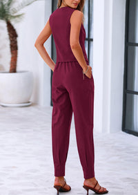 PRETTYGARDEN Two Piece V Neck Button Front Cropped Tank Tops Vest Pockets Pants Cotton Sets