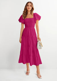PRETTYGARDEN Women's Summer Casual Midi Dress Puffy Short Sleeve Square Neck Smocked Tiered Ruffle Dresses