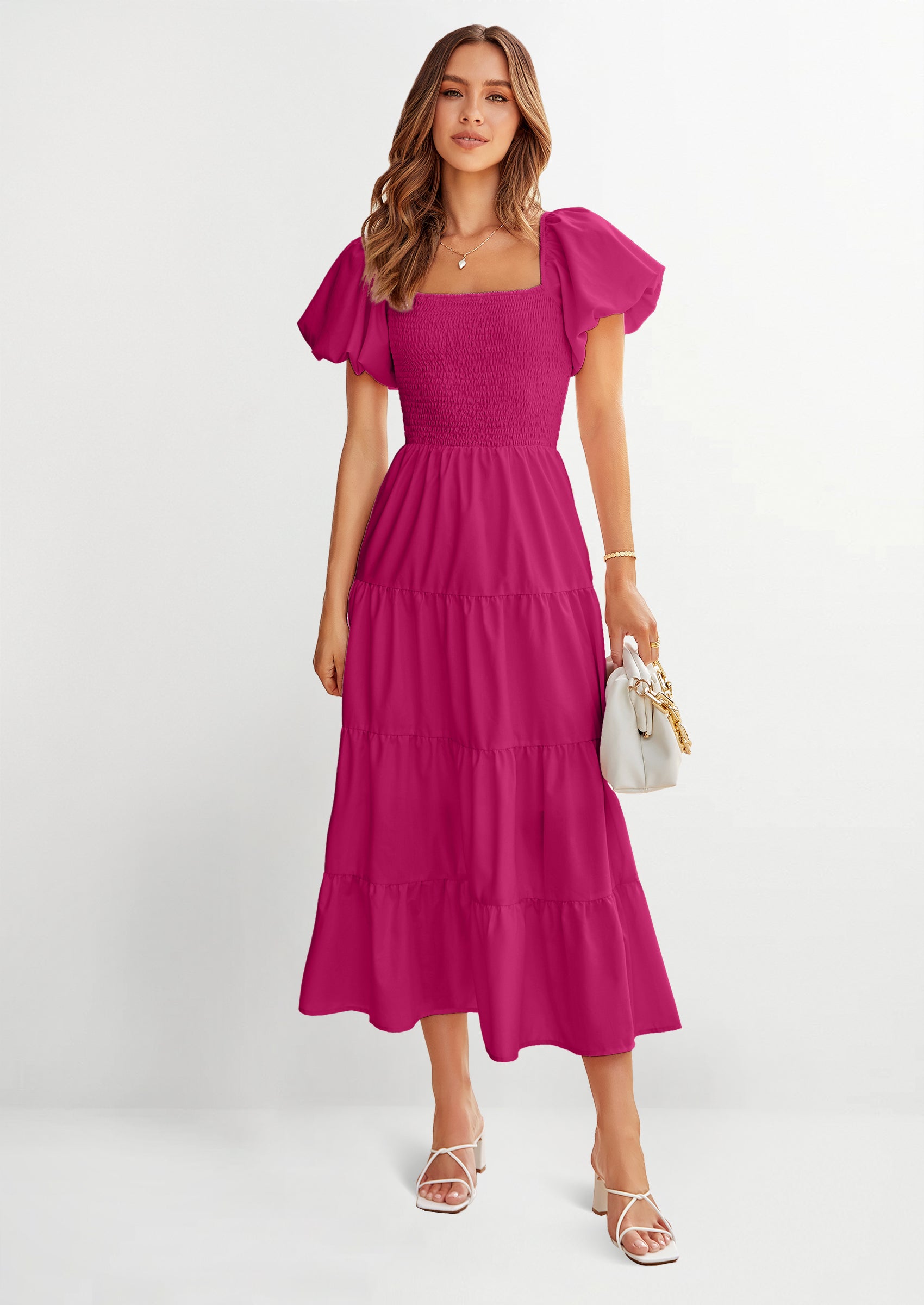 PRETTYGARDEN Women's Summer Casual Midi Dress Puffy Short Sleeve Square Neck Smocked Tiered Ruffle Dresses