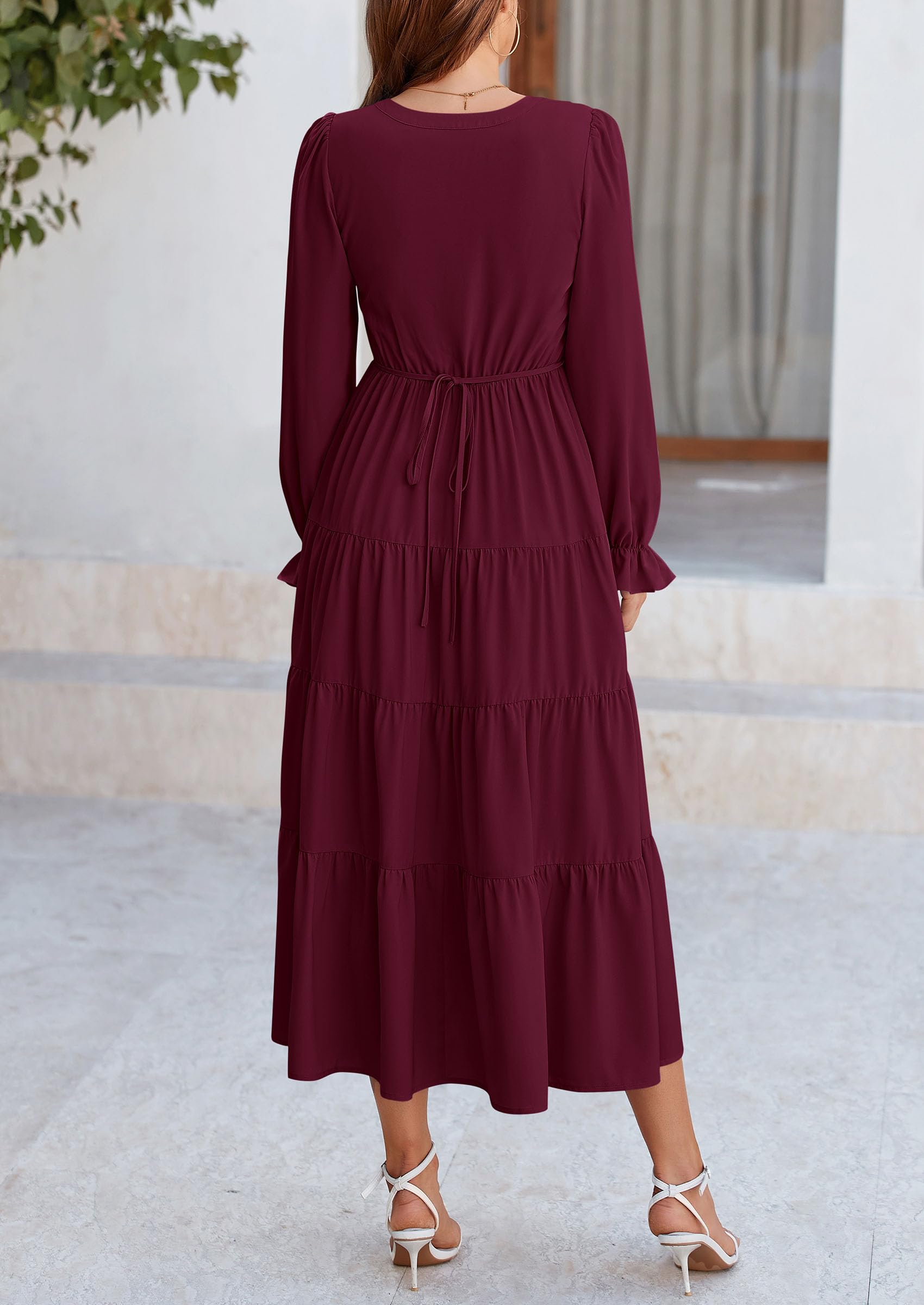 PRETTYGARDEN Women Fall Long Sleeve Smocked Maxi Dress Casual Square Neck Swiss Dot Tiered Ruffle Flowy Spring Pocket Dresses