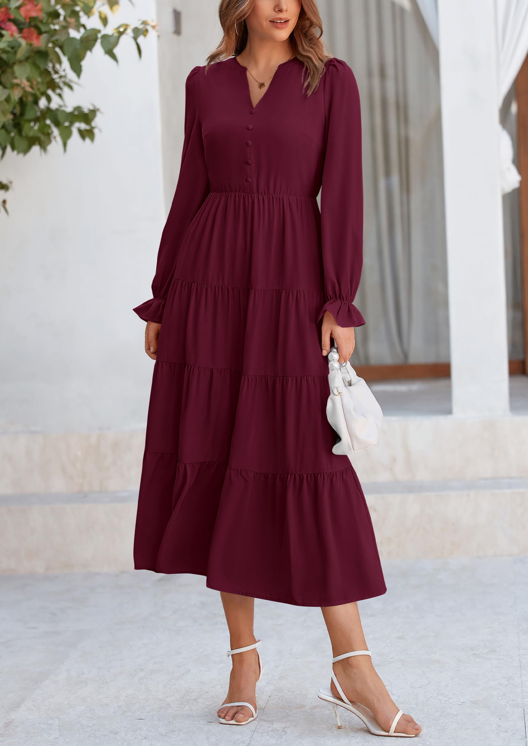 PRETTYGARDEN Women Fall Long Sleeve Smocked Maxi Dress Casual Square Neck Swiss Dot Tiered Ruffle Flowy Spring Pocket Dresses