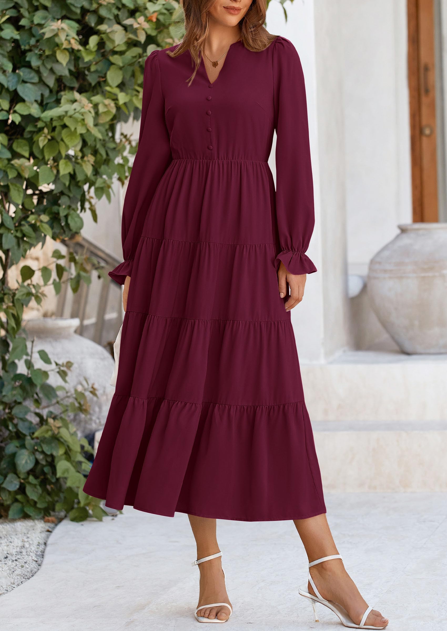 PRETTYGARDEN Women Fall Long Sleeve Smocked Maxi Dress Casual Square Neck Swiss Dot Tiered Ruffle Flowy Spring Pocket Dresses