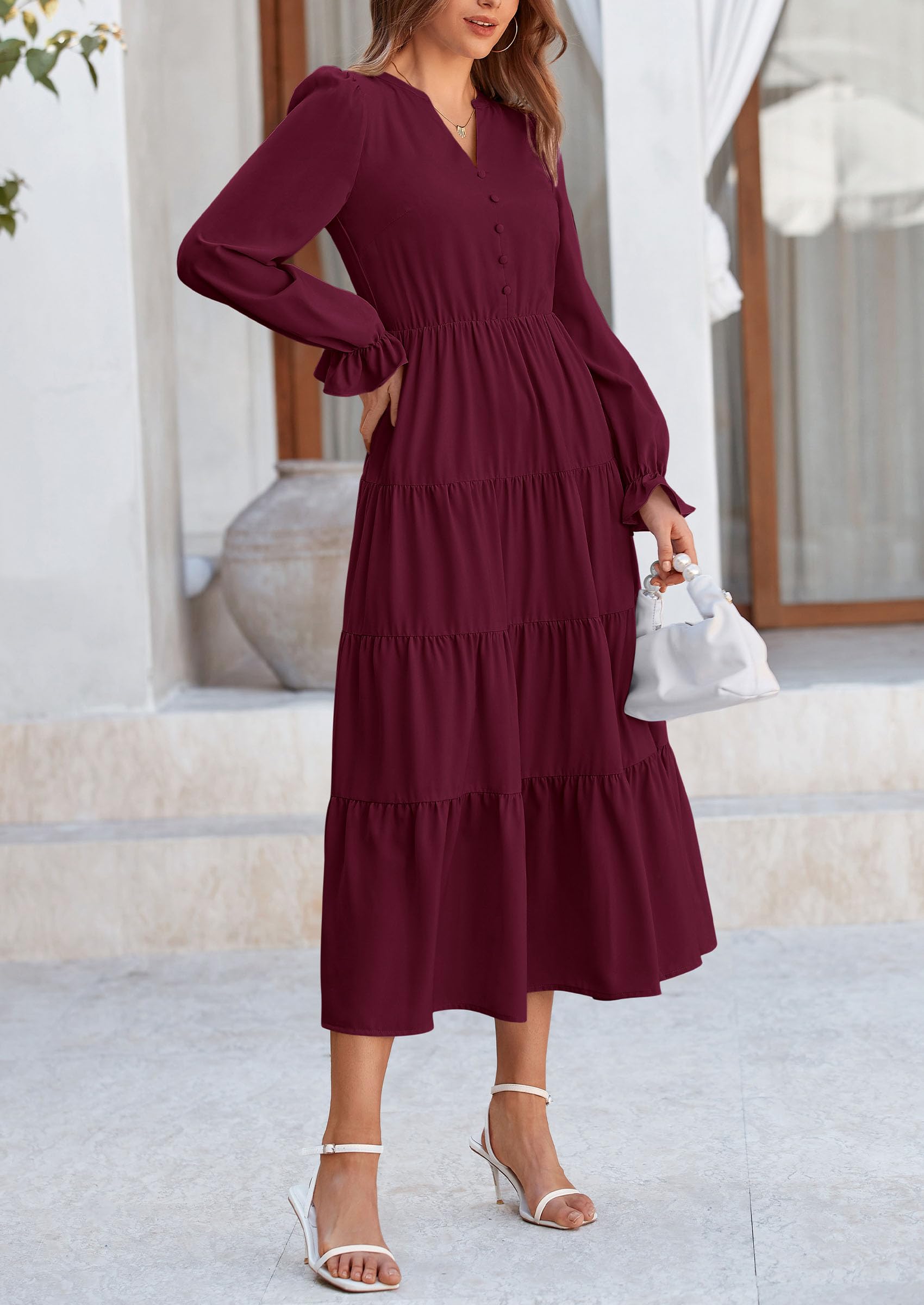 PRETTYGARDEN Women Fall Long Sleeve Smocked Maxi Dress Casual Square Neck Swiss Dot Tiered Ruffle Flowy Spring Pocket Dresses