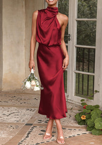 PRETTYGARDEN Women's Summer Satin Dress Elegant Sleeveless Mock Neck Cocktail Party Maxi Dresses