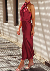 PRETTYGARDEN Women's Summer Satin Dress Elegant Sleeveless Mock Neck Cocktail Party Maxi Dresses