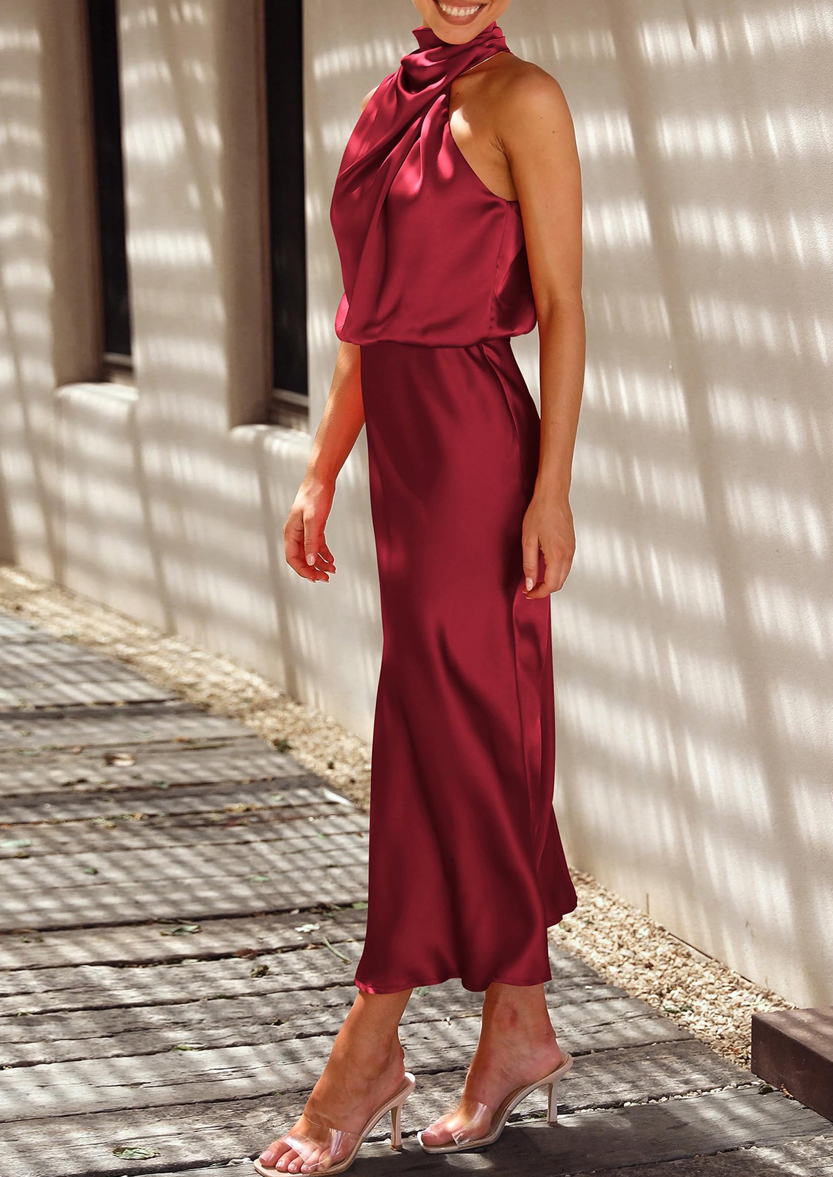 PRETTYGARDEN Women's Summer Satin Dress Elegant Sleeveless Mock Neck Cocktail Party Maxi Dresses