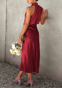 PRETTYGARDEN Women's Summer Satin Dress Elegant Sleeveless Mock Neck Cocktail Party Maxi Dresses