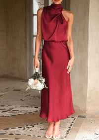 PRETTYGARDEN Women's Summer Satin Dress Elegant Sleeveless Mock Neck Cocktail Party Maxi Dresses