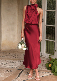 PRETTYGARDEN Women's Summer Satin Dress Elegant Sleeveless Mock Neck Cocktail Party Maxi Dresses