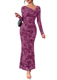 PRETTYGARDEN Womens Fall Asymmetrical Neck Formal Wedding Guest Maxi Dress  Slim Fit Mesh Floral, Ruched Bodycon Long Sleeve, Elegant Cocktail Party, Homecoming Fall Winter Dresses