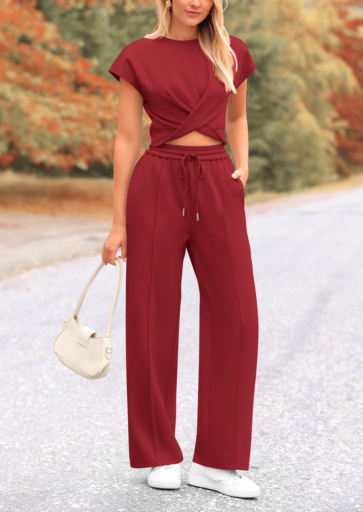 Twist Front Crop T-Shirts Wide Leg Pants Two Piece Sets