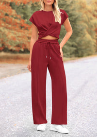 Summer Two Piece Outfits Tracksuit Twist Front Crop Tops T Shirts Wide Leg Pants Matching Lounge Sets