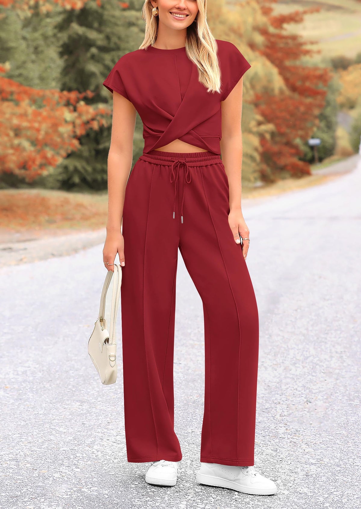 Summer Two Piece Outfits Tracksuit Twist Front Crop Tops T Shirts Wide Leg Pants Matching Lounge Sets