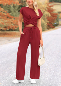 Twist Front Crop T-Shirts Wide Leg Pants Two Piece Sets