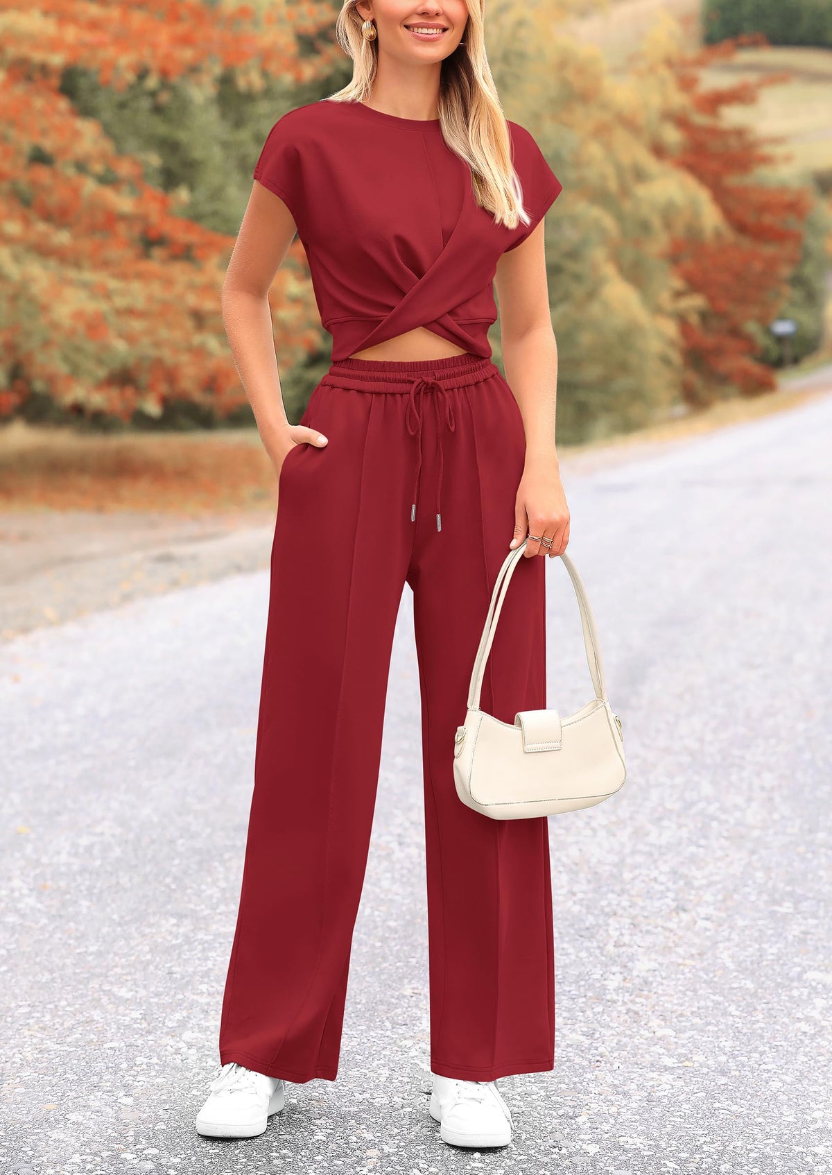 Twist Front Crop T-Shirts Wide Leg Pants Two Piece Sets