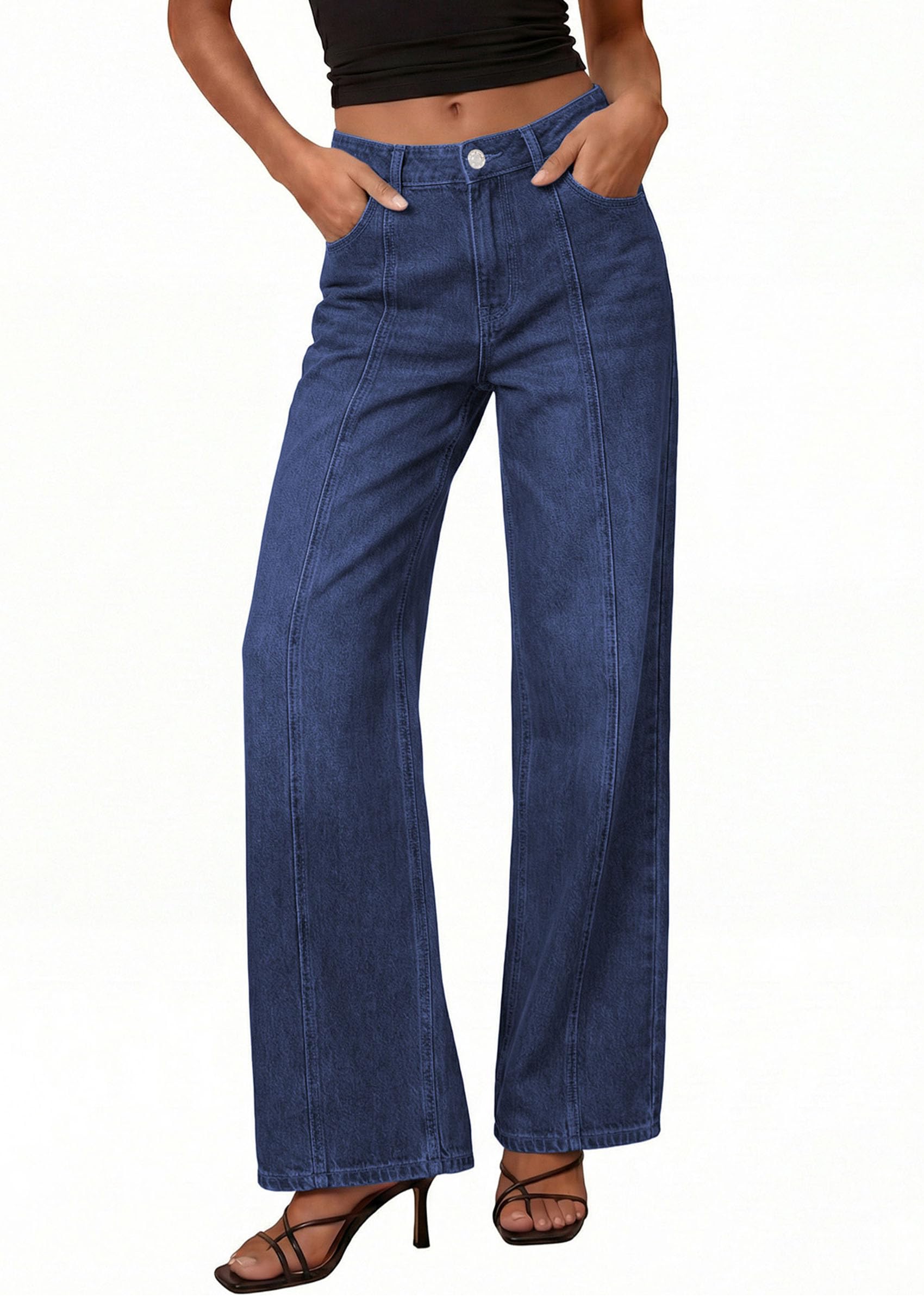 PRETTYGARDEN Women's Wide Leg Jeans High Waisted Stretchy Baggy Seamed Front Denim Palazzo Pants Summer Fashion Clothes