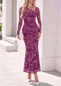PRETTYGARDEN Womens Fall Asymmetrical Neck Formal Wedding Guest Maxi Dress  Slim Fit Mesh Floral, Ruched Bodycon Long Sleeve, Elegant Cocktail Party, Homecoming Fall Winter Dresses