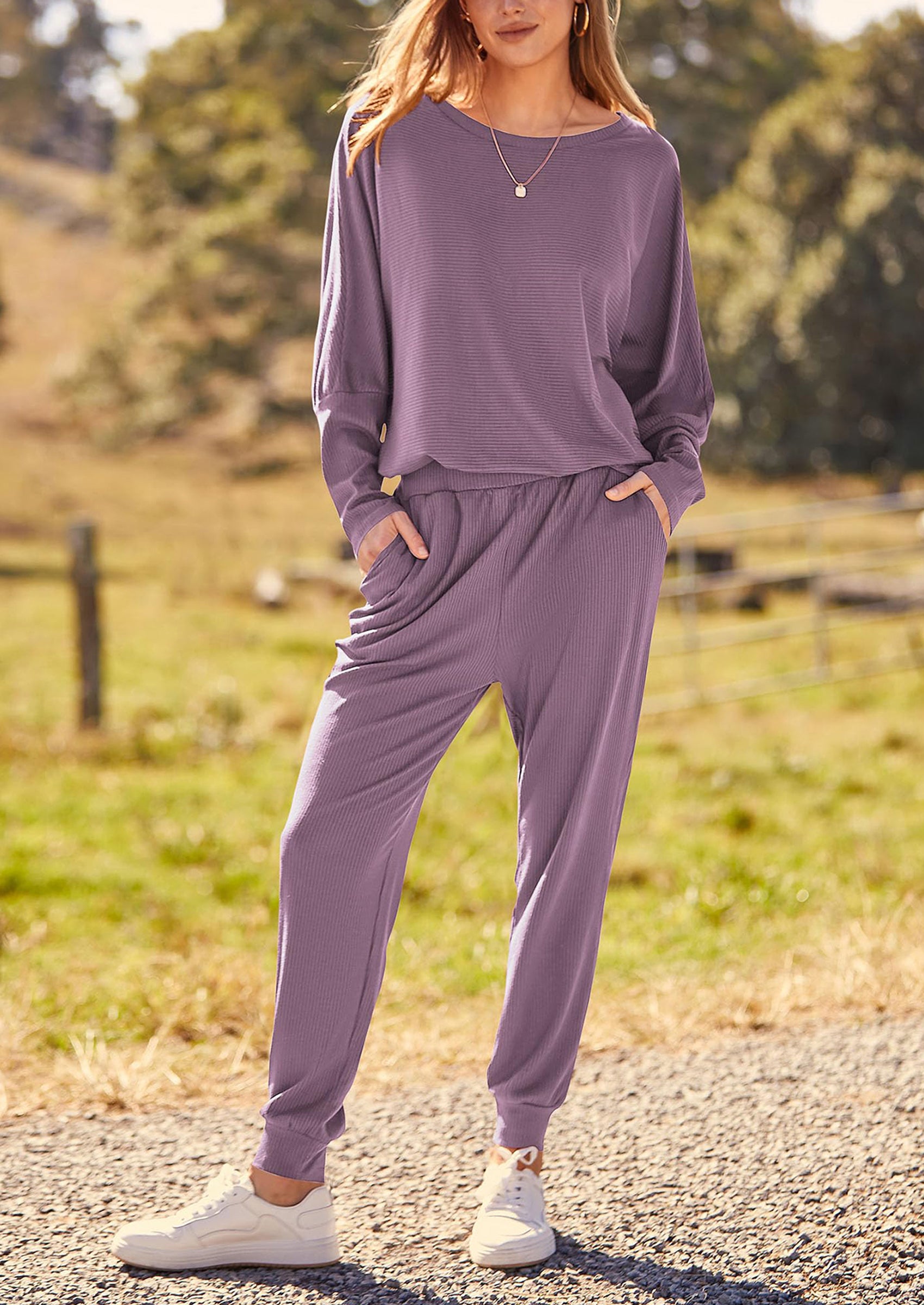 PRETTYGARDEN Women's Fall 2 Piece Lounge Set Long Sleeve Tops Ribbed Pants Spring Matching Sweatsuit Travel Outfits Clothes