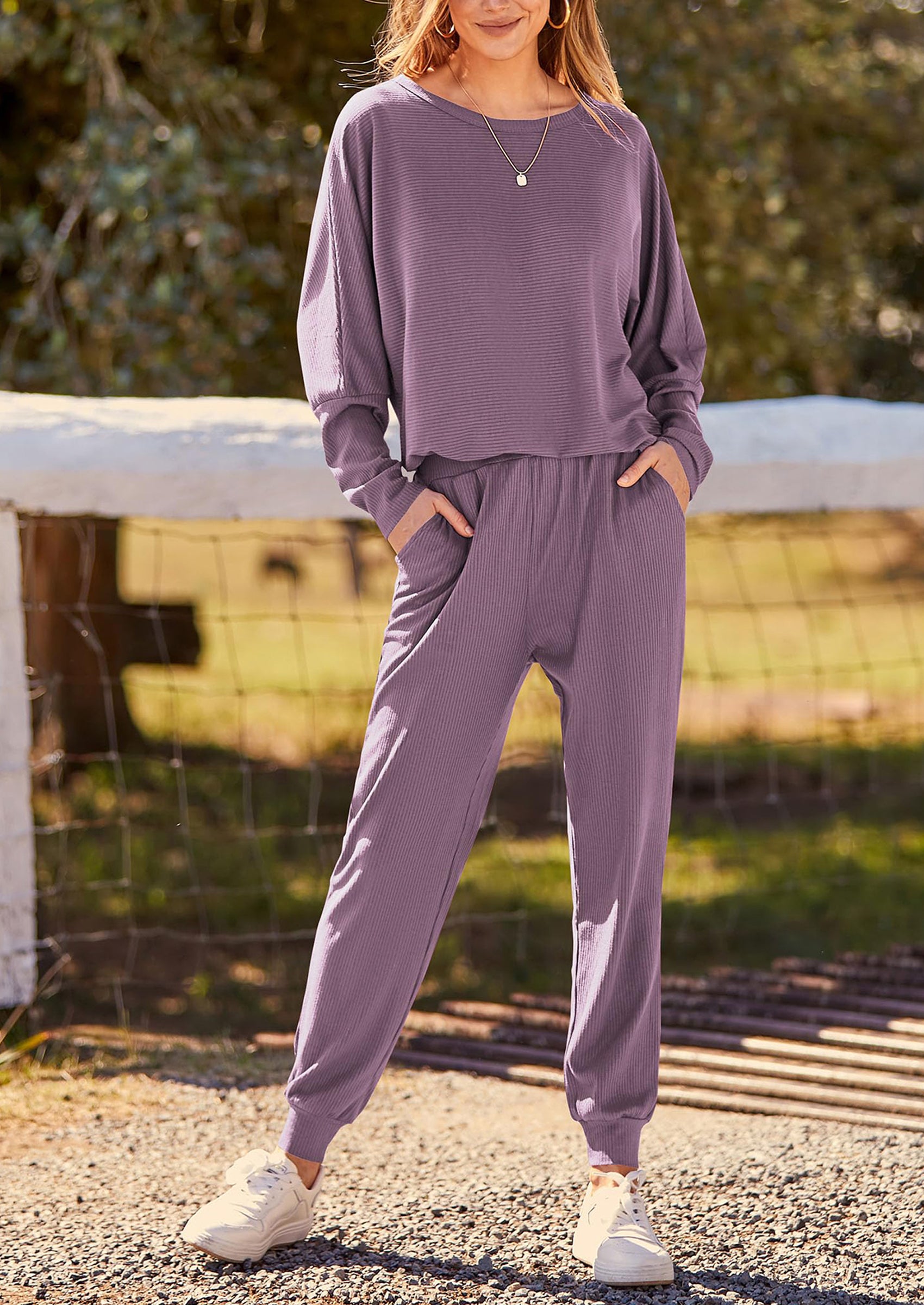 PRETTYGARDEN Women's Fall 2 Piece Lounge Set Long Sleeve Tops Ribbed Pants Spring Matching Sweatsuit Travel Outfits Clothes