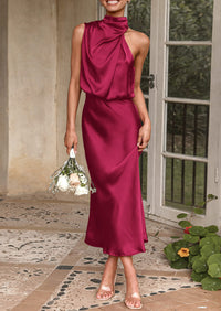 PRETTYGARDEN Women's Summer Satin Dress Elegant Sleeveless Mock Neck Cocktail Party Maxi Dresses