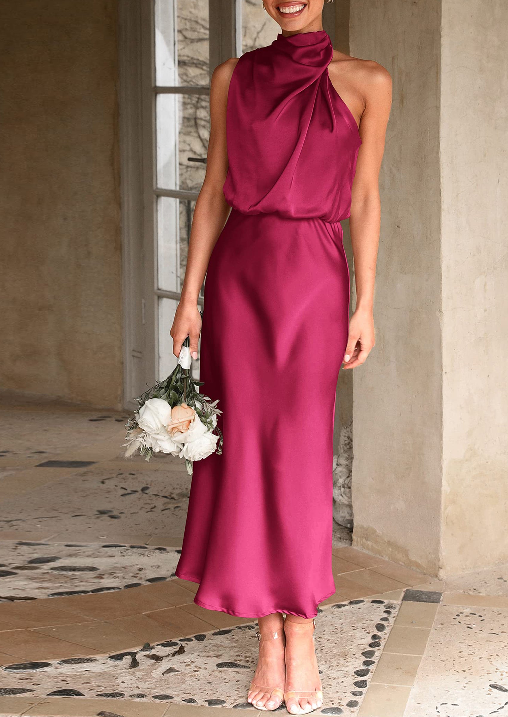 PRETTYGARDEN Women's Summer Satin Dress Elegant Sleeveless Mock Neck Cocktail Party Maxi Dresses