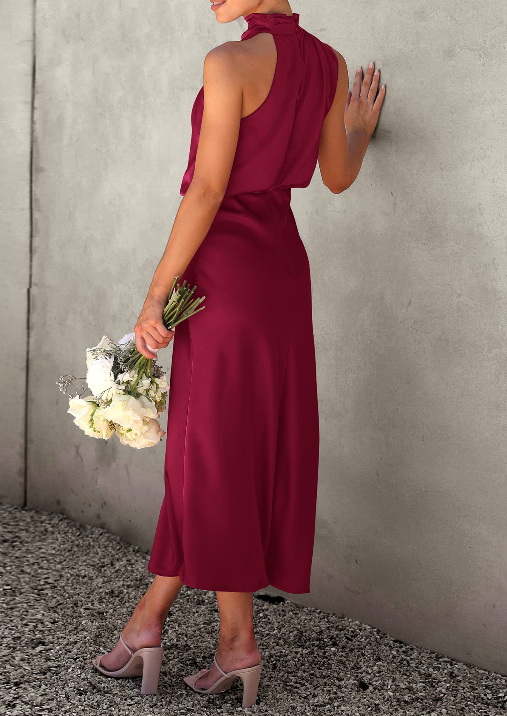 PRETTYGARDEN Women's Summer Satin Dress Elegant Sleeveless Mock Neck Cocktail Party Maxi Dresses