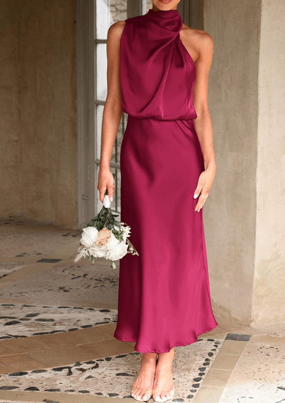 PRETTYGARDEN Women's Summer Satin Dress Elegant Sleeveless Mock Neck Cocktail Party Maxi Dresses