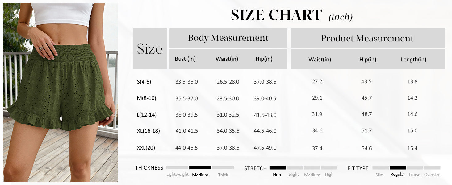 PRETTYGARDEN Summer Shorts for Women Boho Elastic Waist Ruffle Casual Hollow Out Embroidered Beach Bottoms with Pockets PRETTYGARDEN