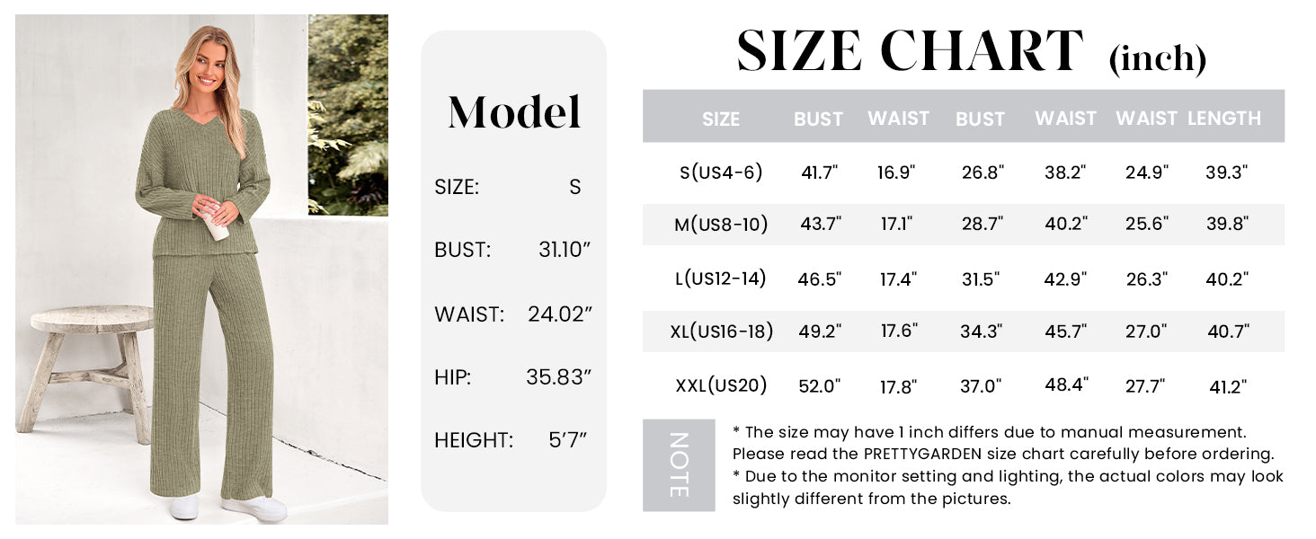 PRETTYGARDEN Women's 2 Piece Lounge Sets Ribbed Knit Long Sleeve V Neck Pullover Tops Wide Leg Pants Spring Fall Outfits